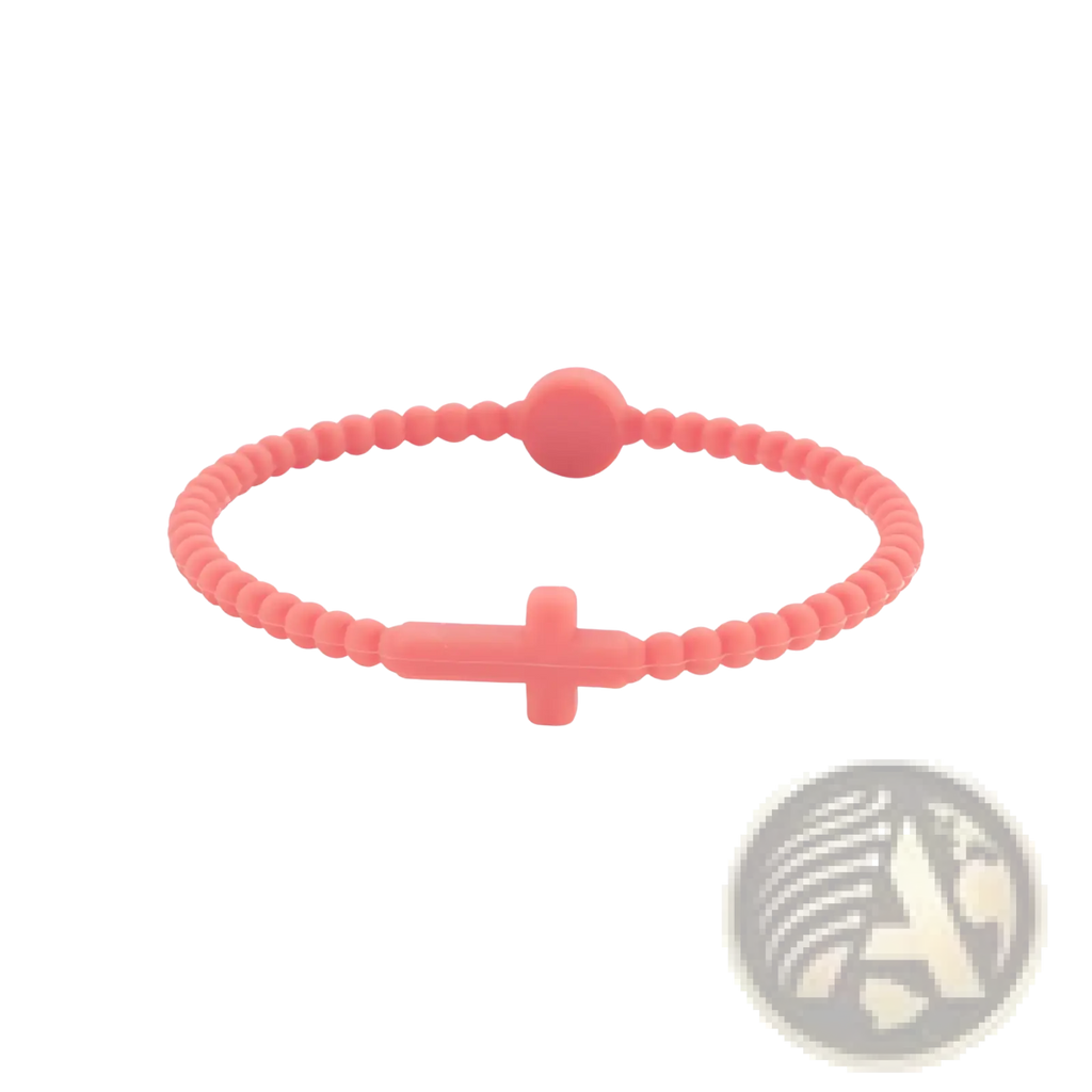 A coral silicone beaded cross bracelet with a round clasp and textured beads for stylish wear