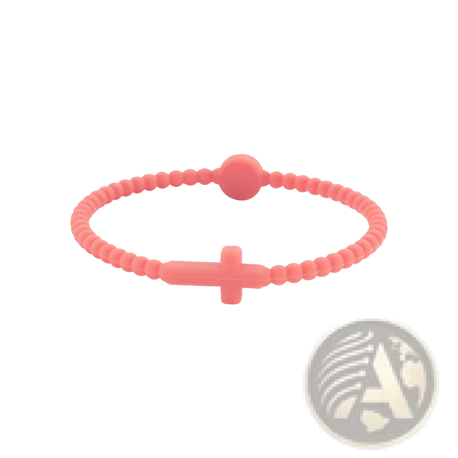 A coral silicone beaded cross bracelet with a round clasp and textured beads for stylish wear