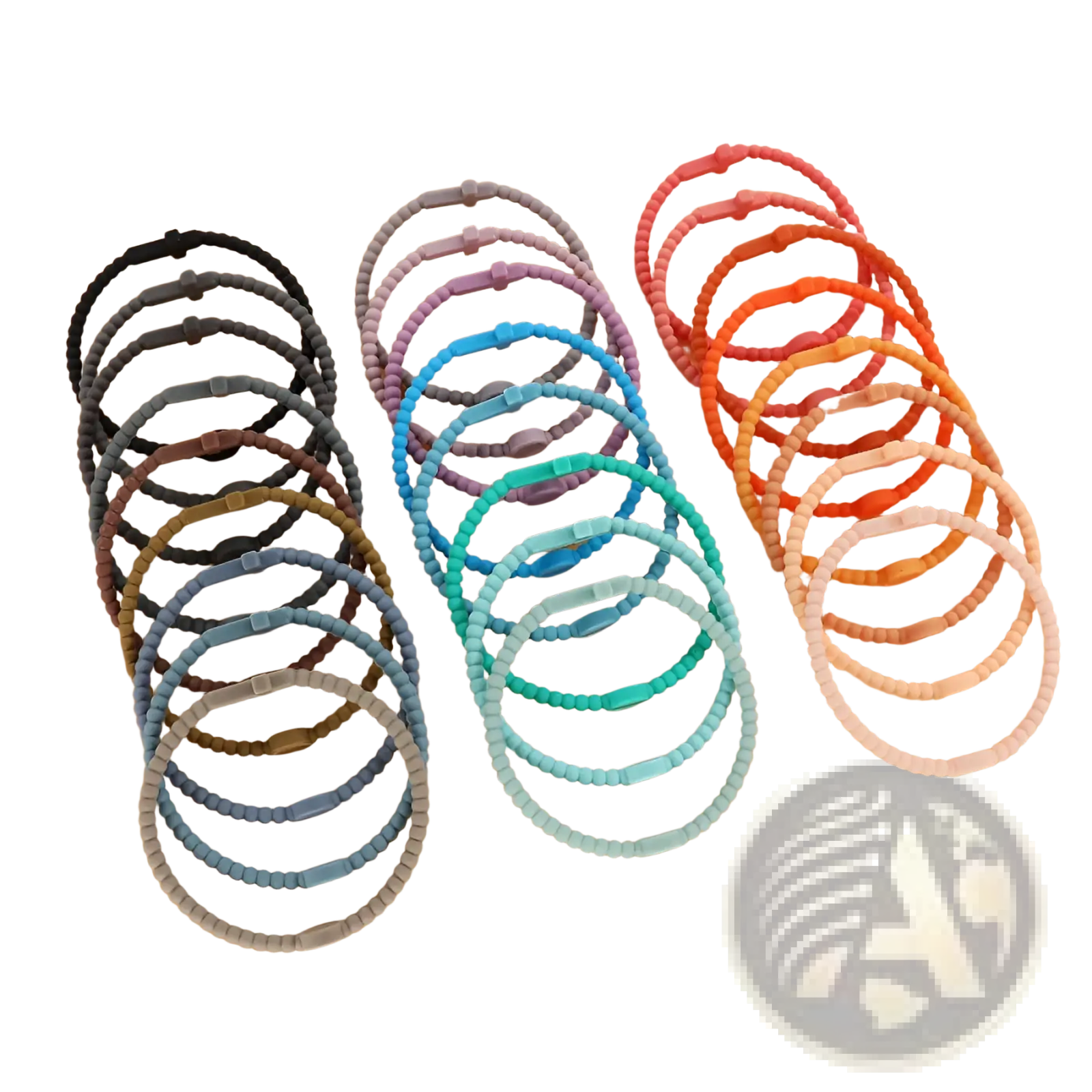 A collection of colorful beaded silicone cross bracelets with round clasps in assorted pastel and vibrant hues