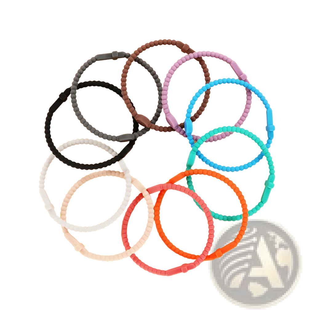 Beaded silicone cross bracelets with round clasp in assorted colors including black white gray brown pink orange teal and blue