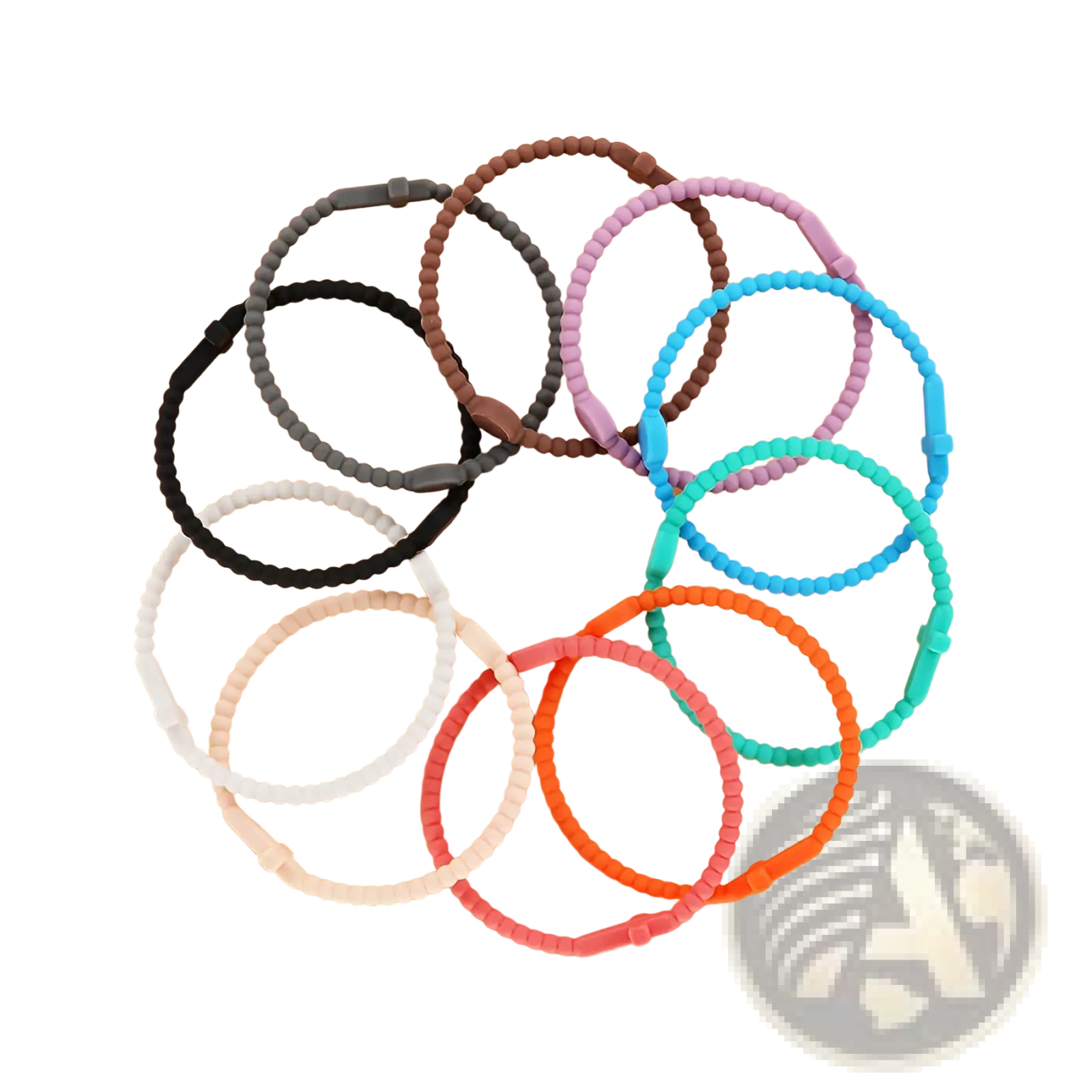 Beaded silicone cross bracelets with round clasp in assorted colors including black white gray brown pink orange teal and blue