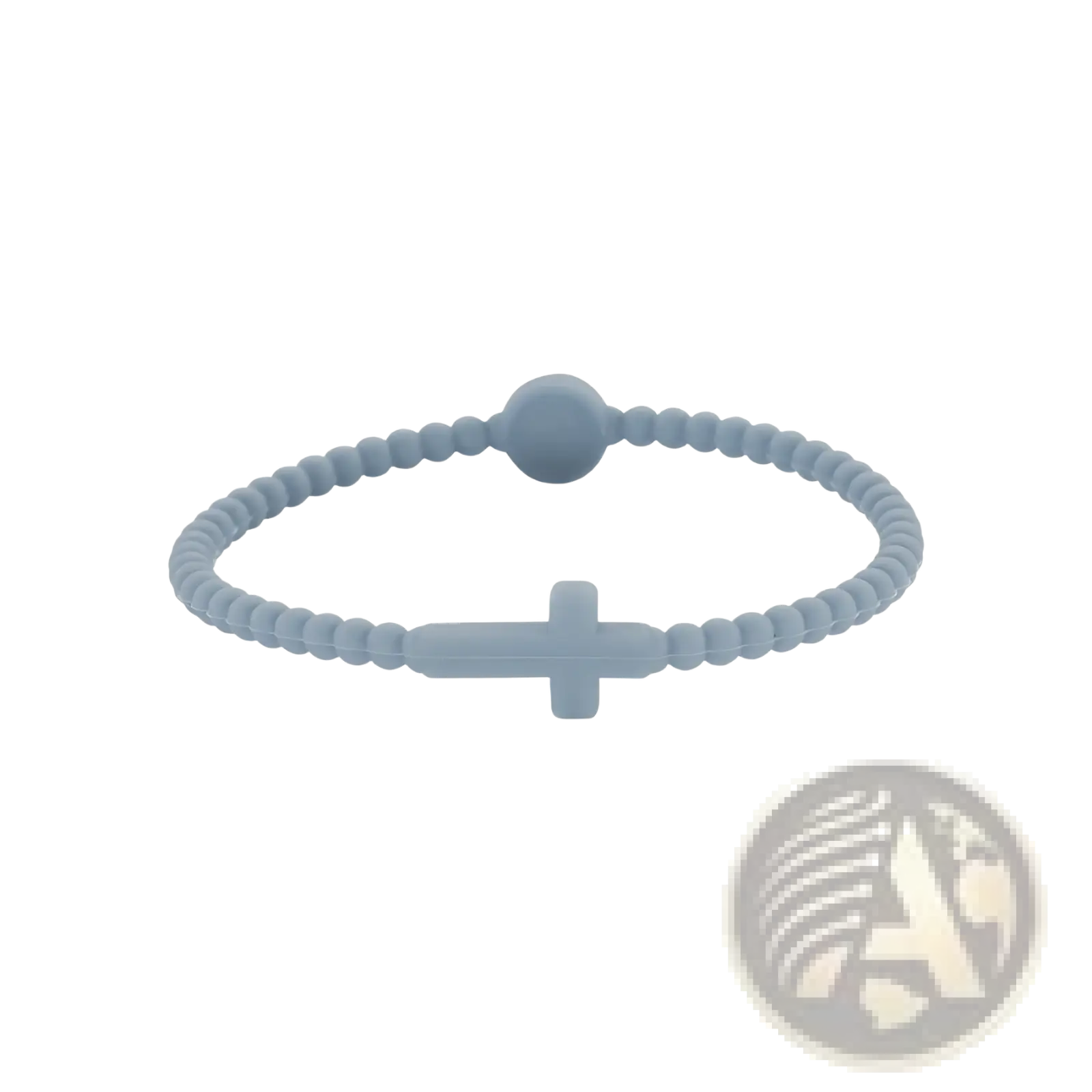 A light blue silicone beaded cross bracelet with a round bead clasp for secure wear and comfortable fit