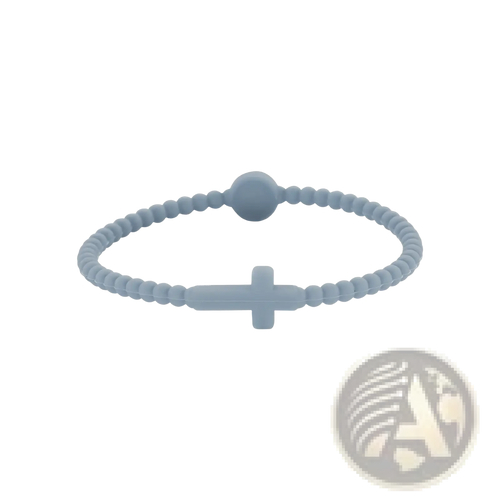 A light blue silicone beaded cross bracelet with a round bead clasp for secure wear and comfortable fit