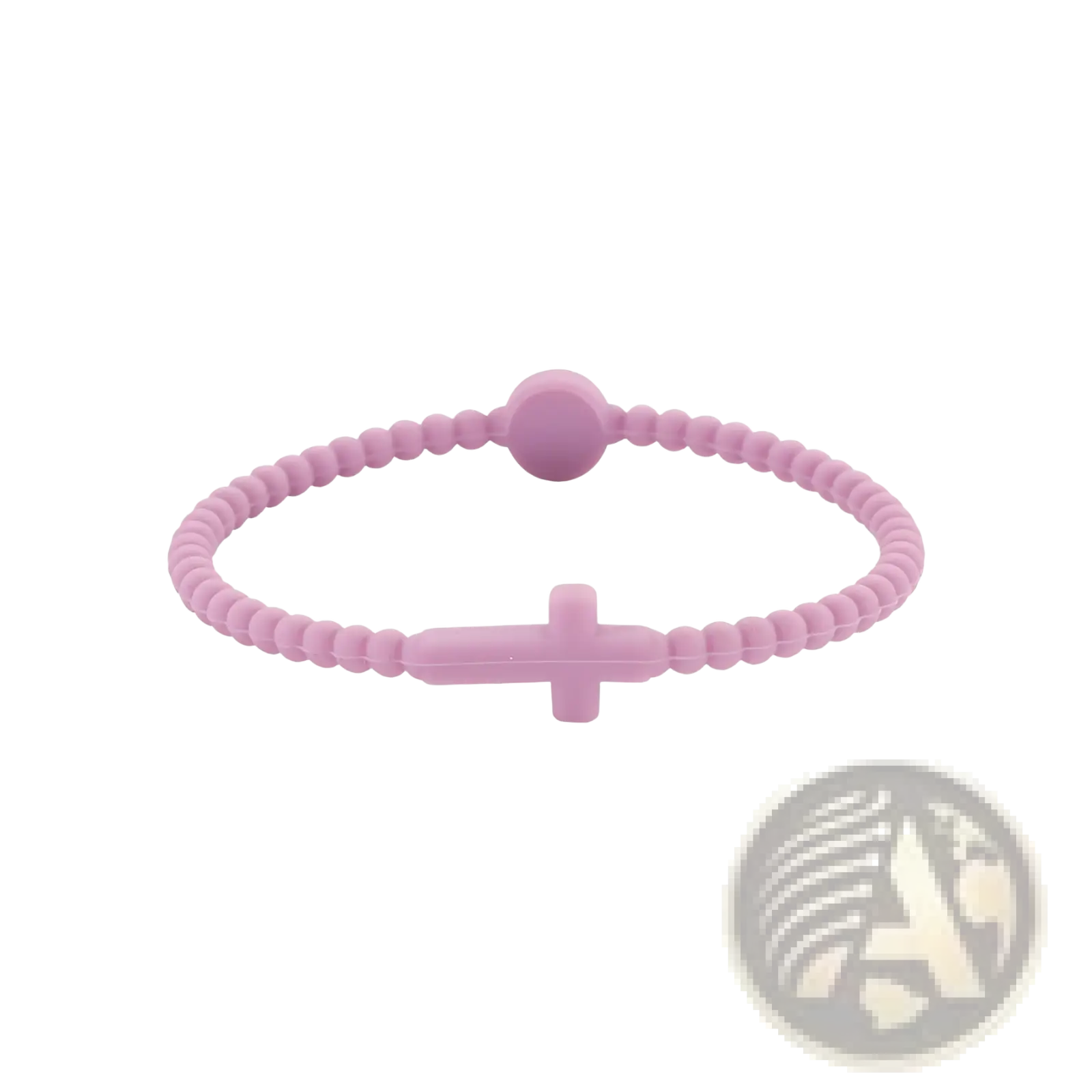 A soft lavender beaded silicone cross bracelet with a central cross charm and round clasp