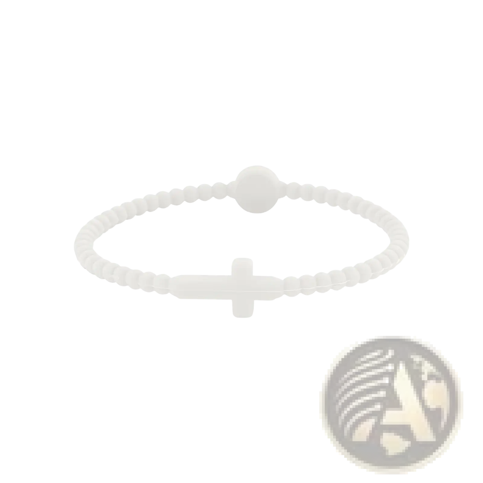White beaded silicone cross bracelet with a round clasp showcasing its durable and stylish design