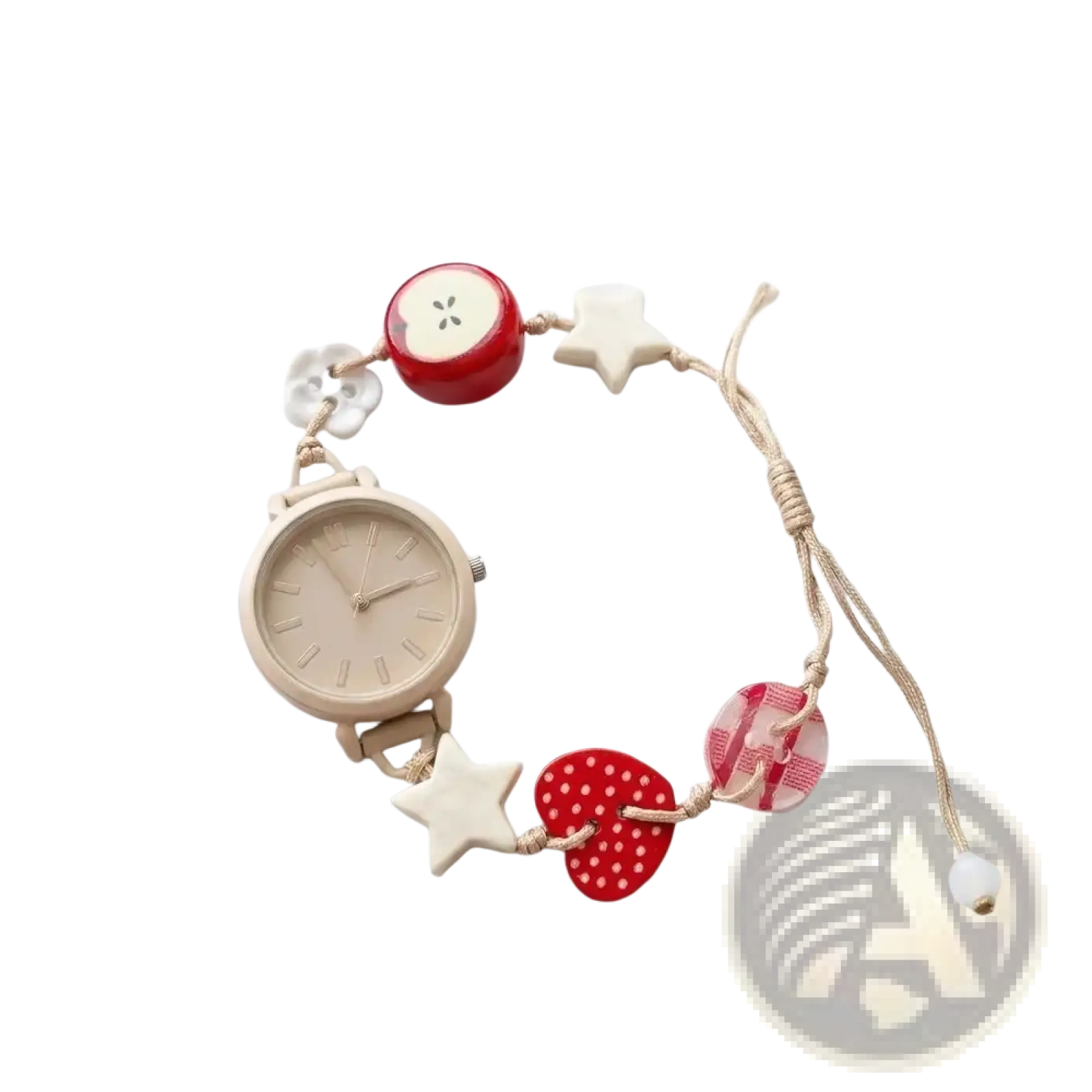 A charming beige wooden beaded strap quartz women watch with a round face and handmade star and heart charms bracelet
