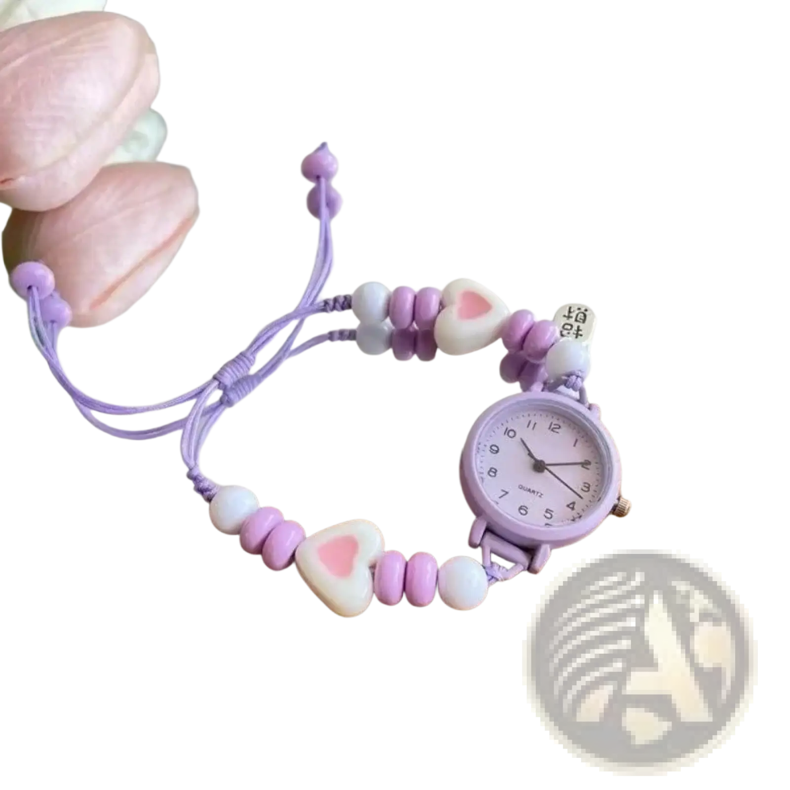 Beaded strap quartz women watch featuring a delicate lavender and white beaded wristwatch with heart-shaped charms