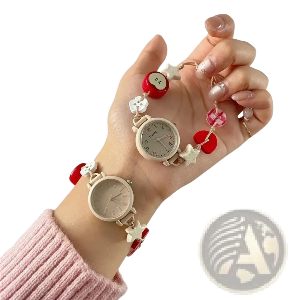 Beaded strap quartz women watch with a red and white apple-themed bracelet, star-shaped charms, and glossy resin beads