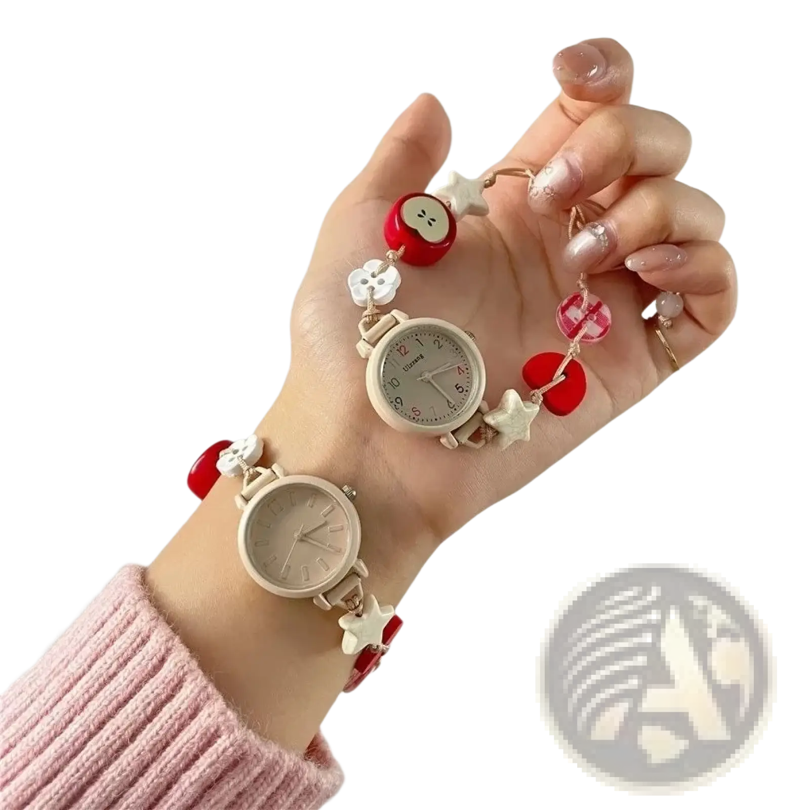 Beaded strap quartz women watch with a red and white apple-themed bracelet, star-shaped charms, and glossy resin beads