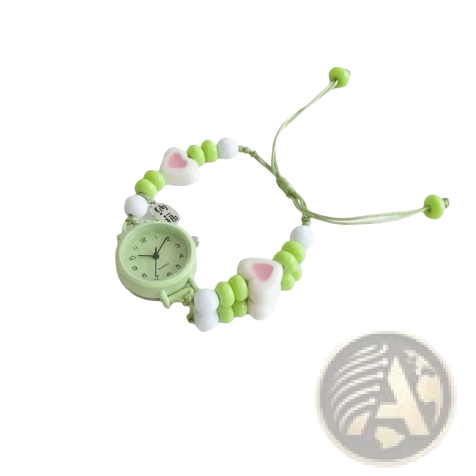 Pastel green and white beaded strap quartz women watch with heart-shaped charms for elegant wristwear