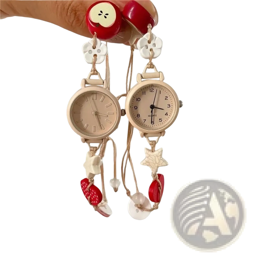 Two beige-faced beaded strap quartz women watches with red and white decorative dangling charms