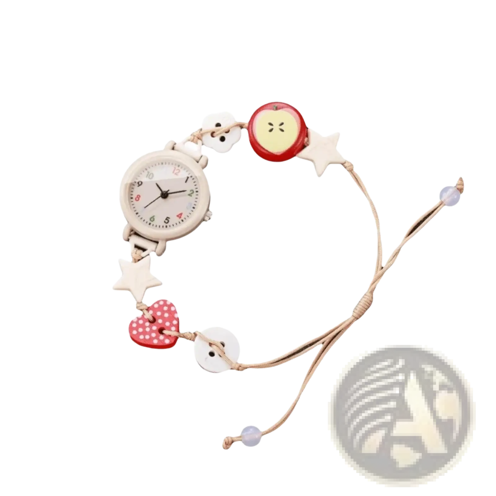 Beaded strap quartz women watch with a white ceramic round face black hands and colorful button charms on beige braid