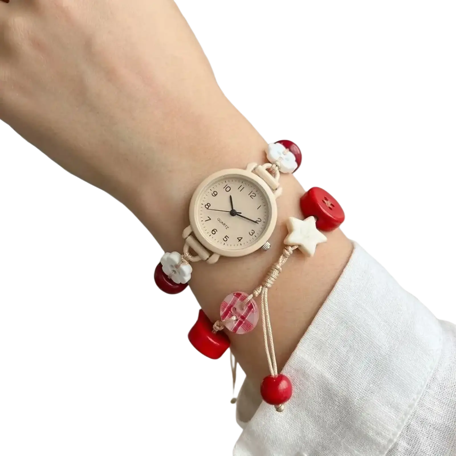 A charming wooden beaded strap quartz women watch with cream face black numerals red buttons and plaid beads