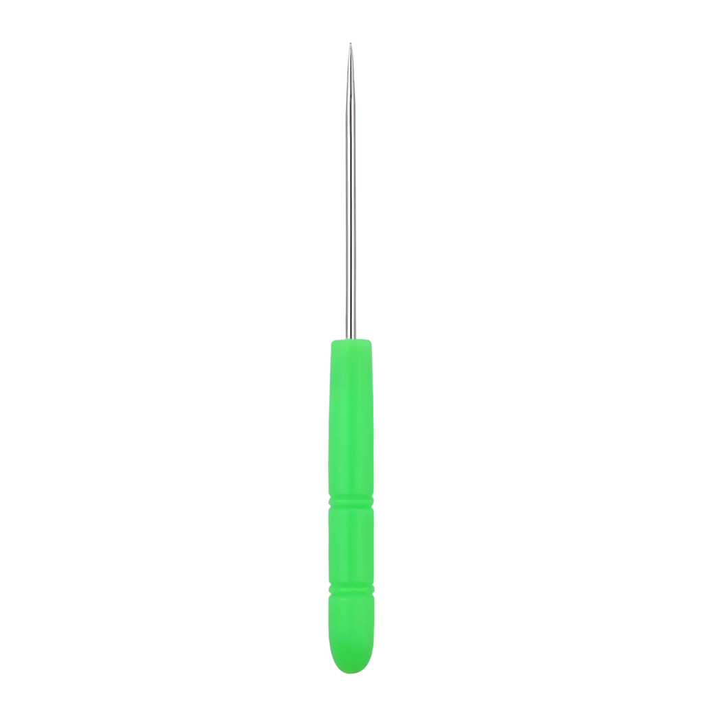 A bright green plastic-handled beading awl tool with a long stainless steel needle for jewelry making