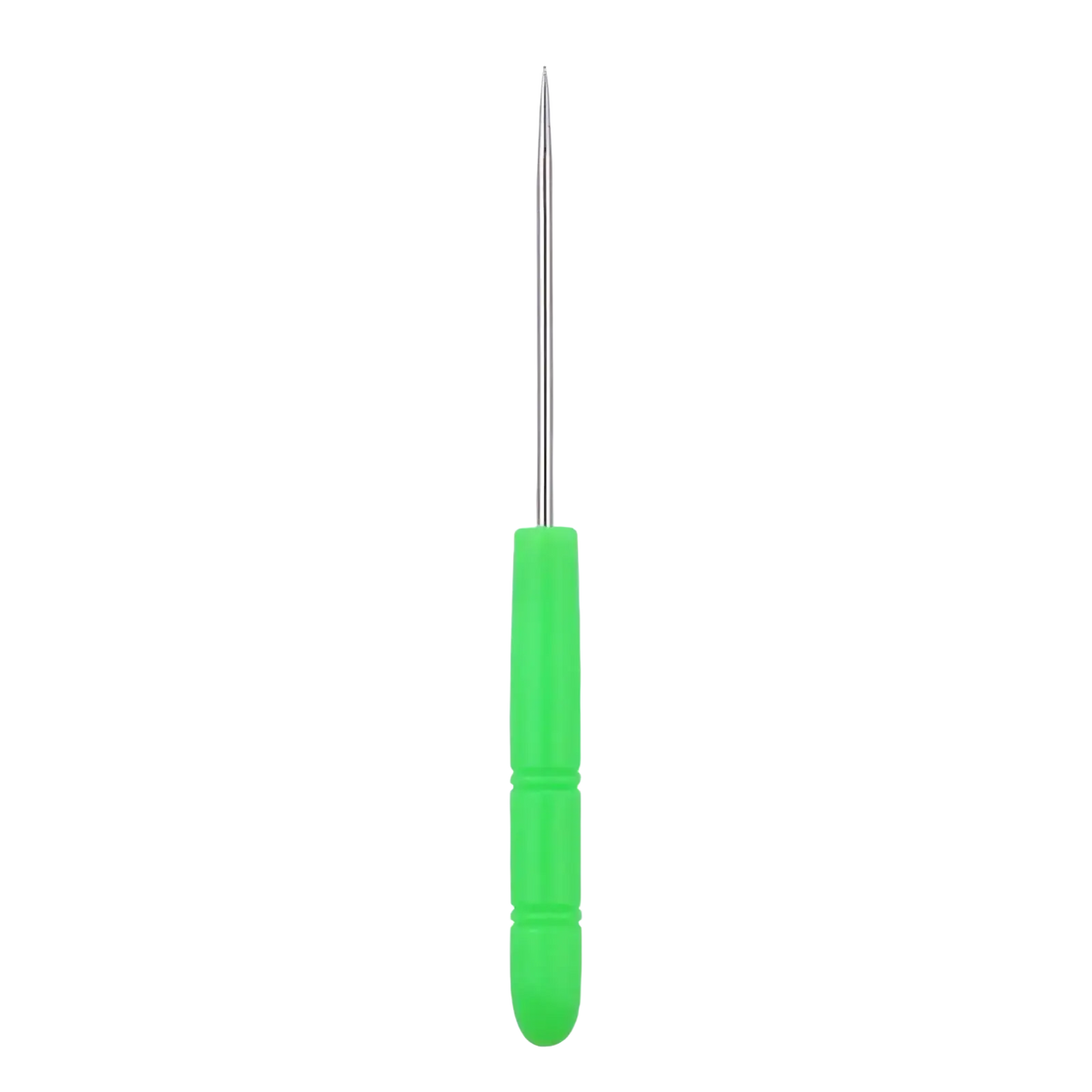 A bright green plastic-handled beading awl tool with a long stainless steel needle for jewelry making