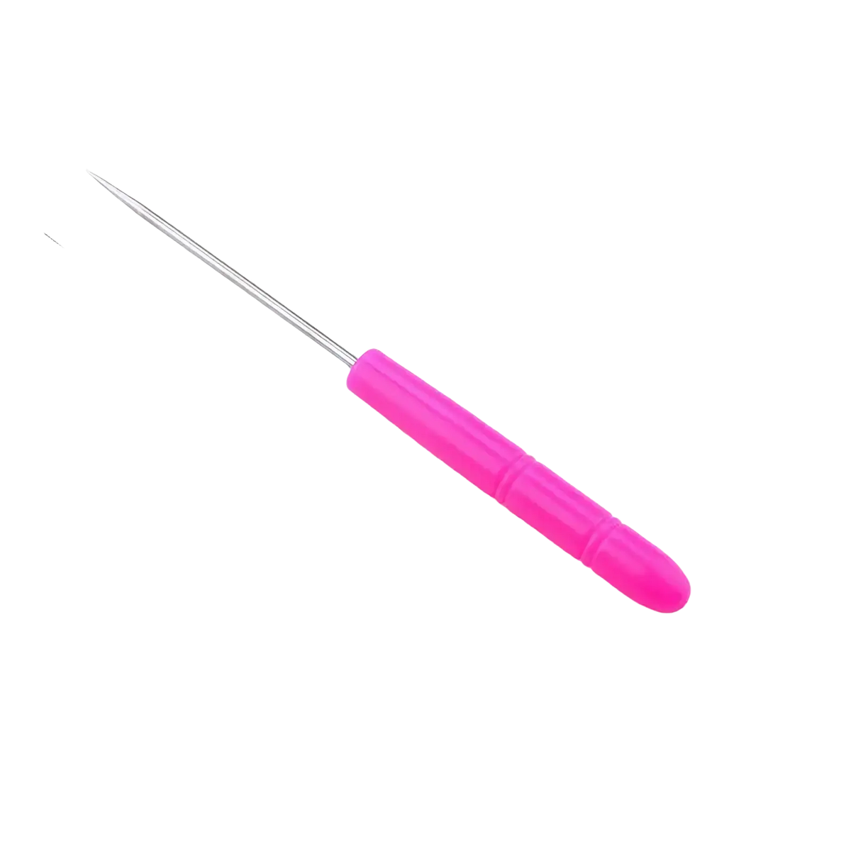 A bright pink plastic-handled beading awl tool with a slender stainless steel needle for jewelry making measuring 12.3 cm