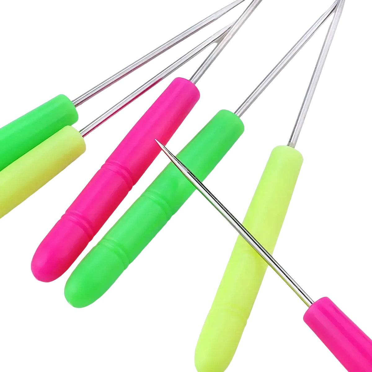 Brightly colored plastic-handled beading awl tool with slender stainless steel tips for jewelry making needlework