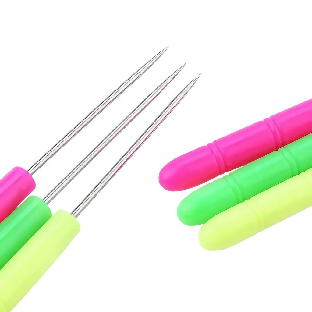 Set of colorful plastic-handled beading awl tools with stainless steel tips in neon pink green and yellow for jewelry making