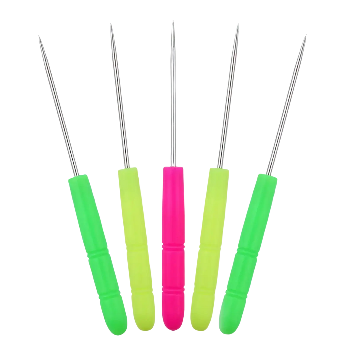Set of five colorful plastic-handled stainless steel crochet hooks with neon and lime green and vibrant pink handles for beading awl tool use