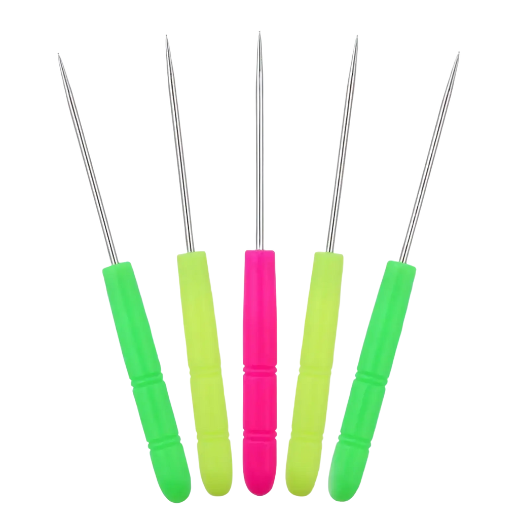Set of five colorful plastic-handled stainless steel beading awl tools for jewelry making with metallic tips