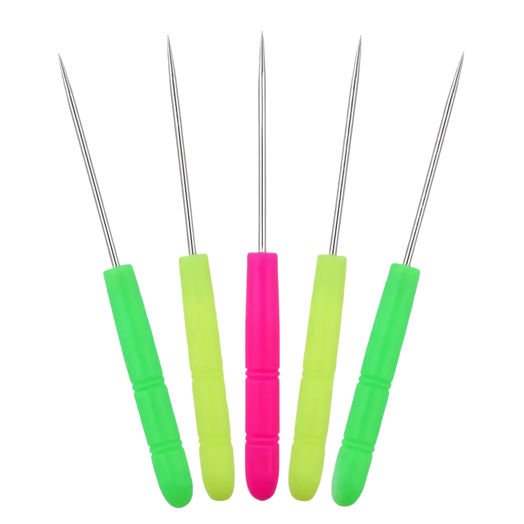 Set of five colorful plastic-handled stainless steel knitting needles with metallic tips for jewelry making