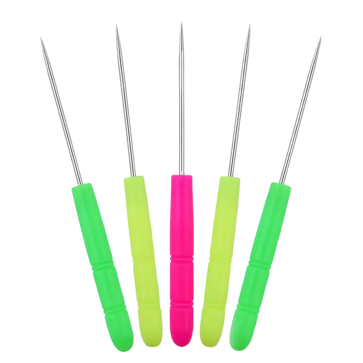 Set of five colorful plastic-handled stainless steel knitting needles with metallic tips for jewelry making