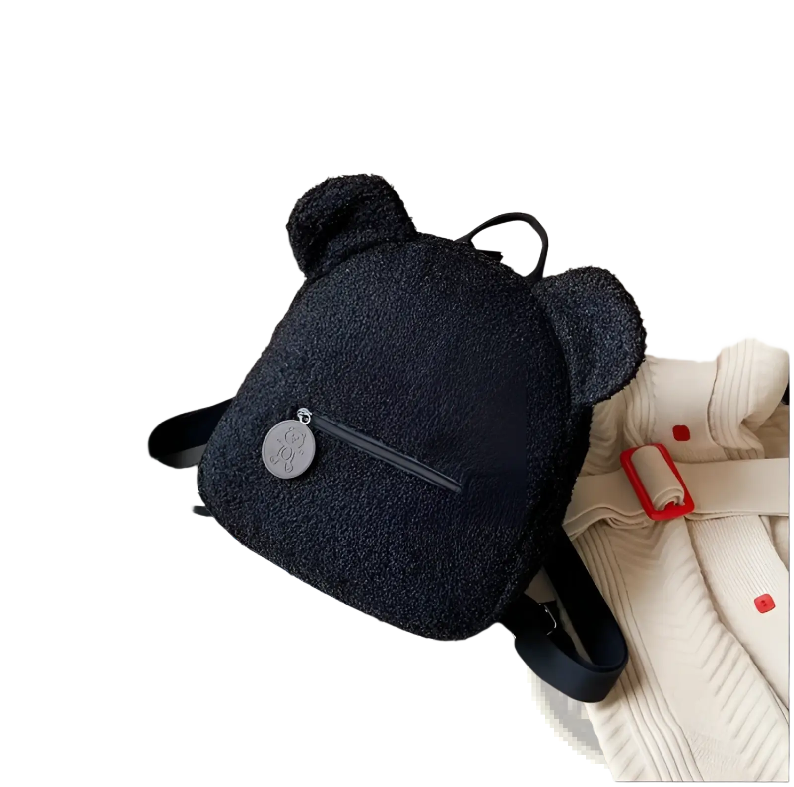 Black bear shaped plush backpack made of fuzzy fleece with soft texture and rounded ears for cute rucksack use