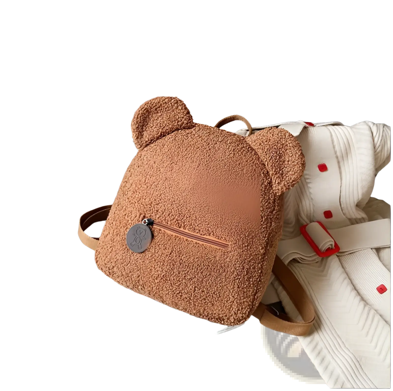 Cute brown bear shaped plush backpack with fuzzy fleece texture and rounded ears for casual use