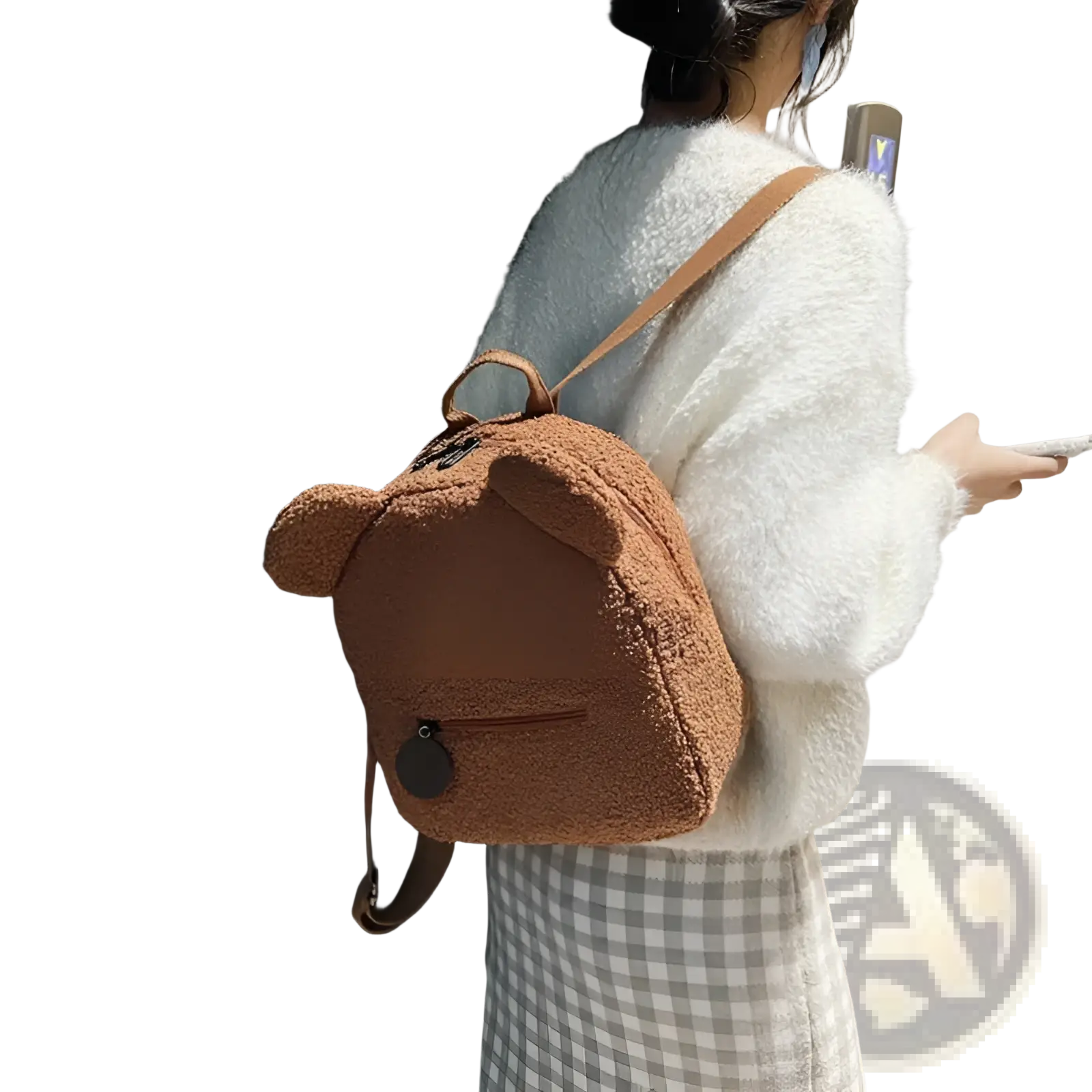 A cozy brown teddy bear-shaped plush backpack with soft fuzzy fleece material and stitched ear details