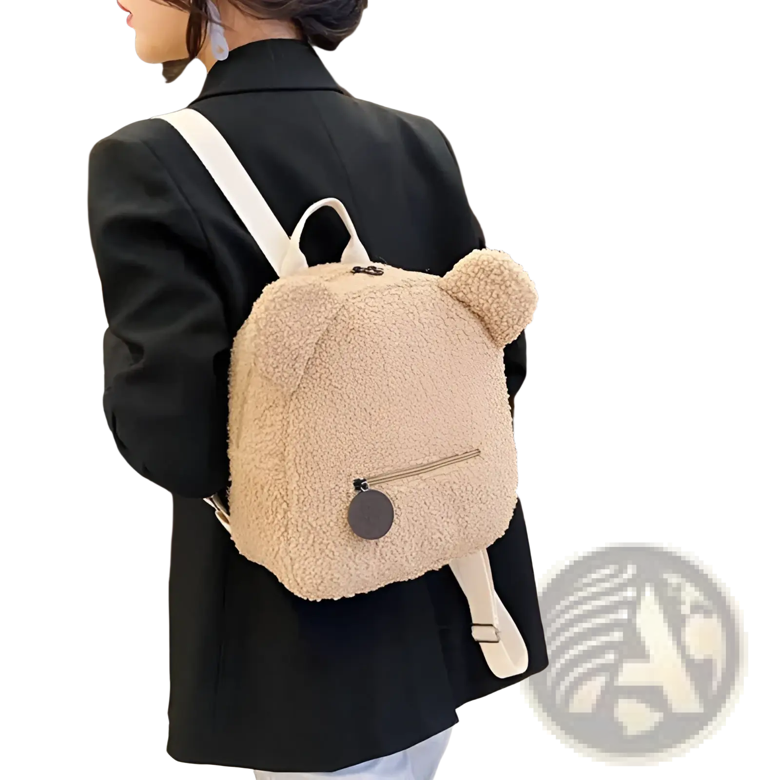 Beige plush teddy bear backpack with white straps and round black charm made of fuzzy fleece for casual use
