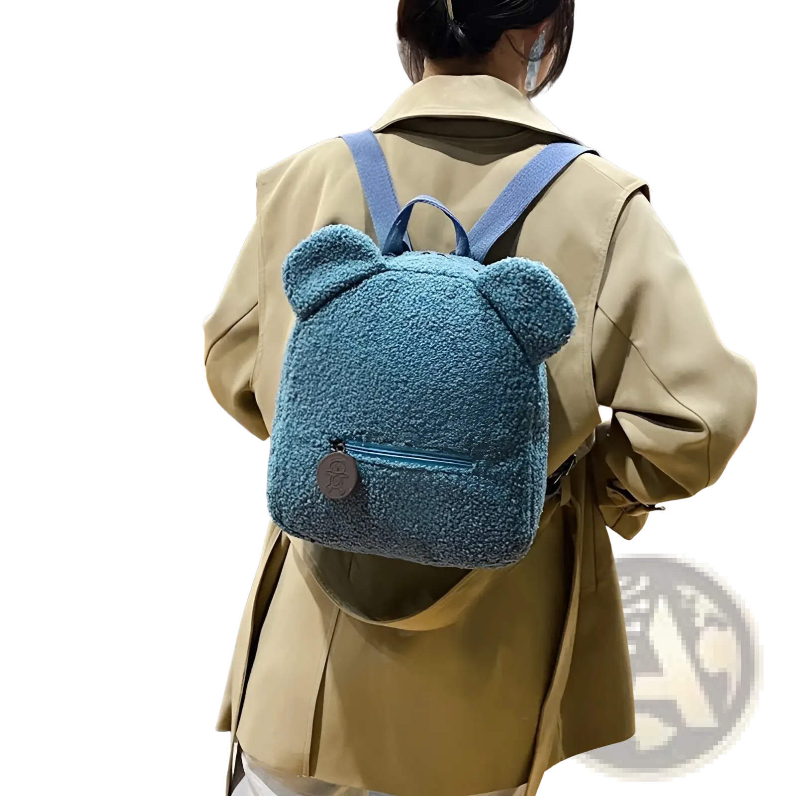 Blue bear shaped plush backpack with fuzzy fleece material and matching straps for cute rucksack use