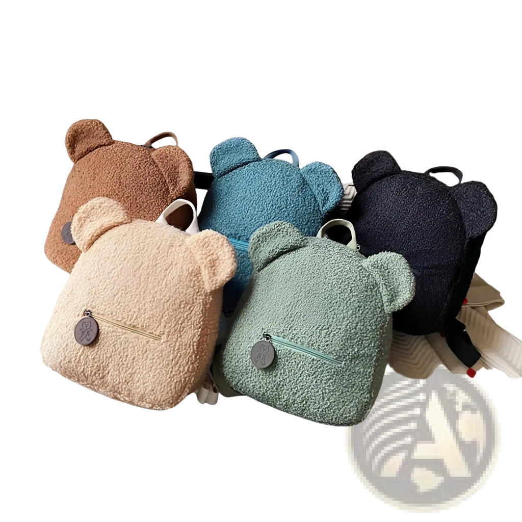 Bear shaped plush backpack in brown beige teal and navy colors made of fuzzy fleece for cute and practical use