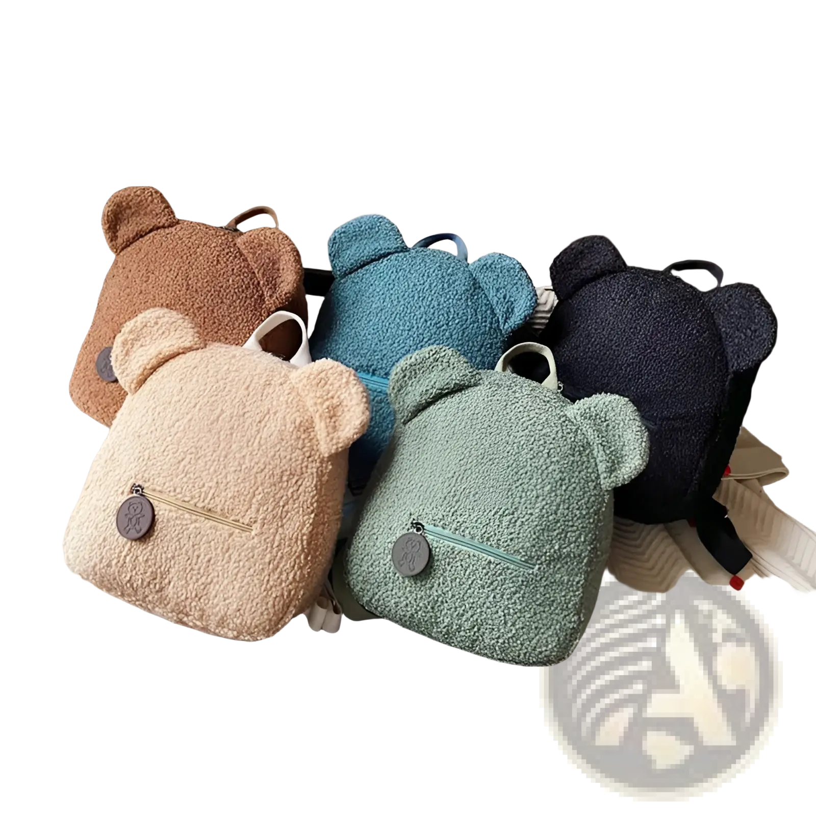Bear shaped plush backpack in brown beige teal and navy colors made of fuzzy fleece for cute and practical use