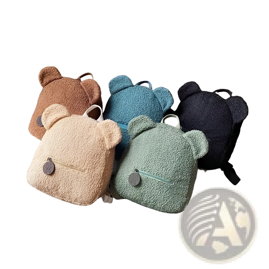 Adorable bear shaped plush backpack in soft fuzzy fleece with pastel tones of beige teal mint green and navy blue