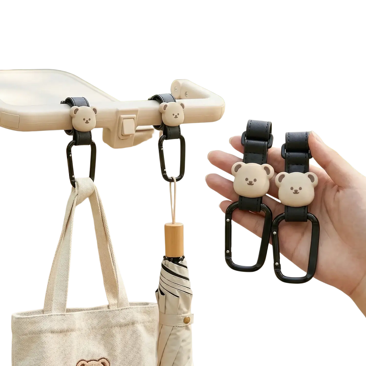 Beige bear-shaped pu leather stroller hooks with black carabiner clips for hanging bags securely on strollers