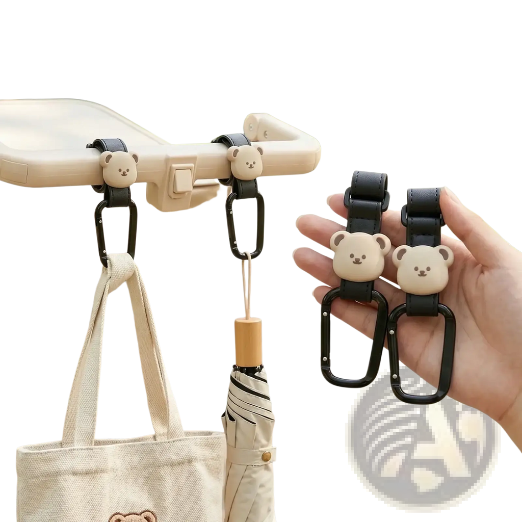Beige bear-shaped pu leather stroller hooks with black carabiner clips for hanging bags securely on strollers