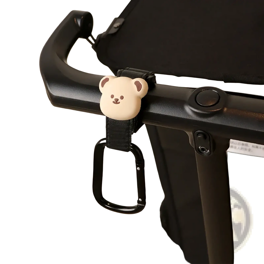 Bear stroller hooks pu leather bag hanger with a cute beige bear-shaped handle attachment and black carabiner strap