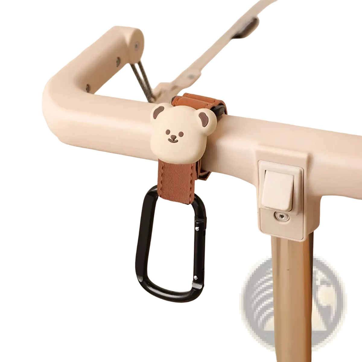 Cute beige bear-shaped stroller hook with brown pu leather strap and black carabiner for bag hanging