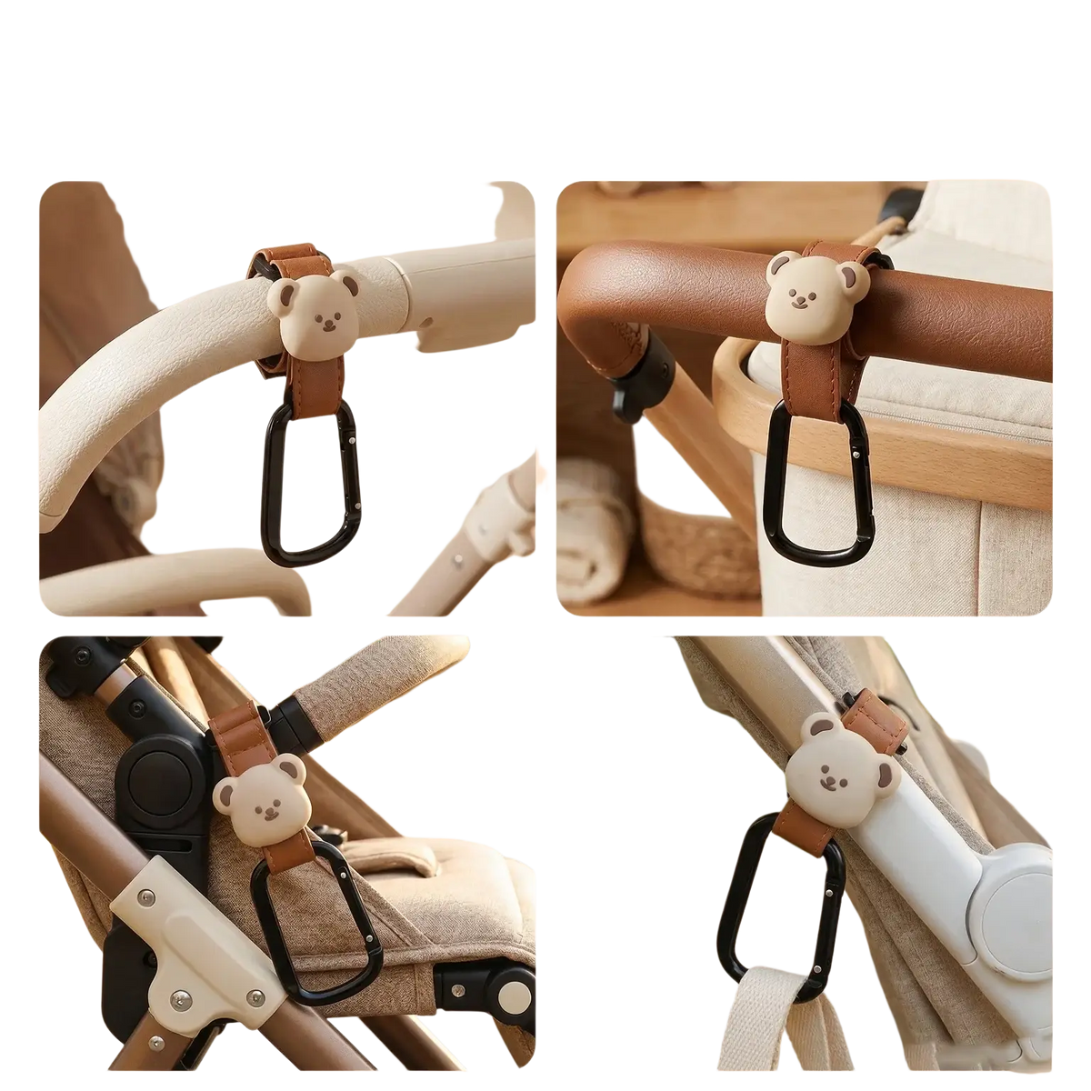 Cute beige bear stroller hook with brown pu leather strap and black carabiner for bag hanging convenience
