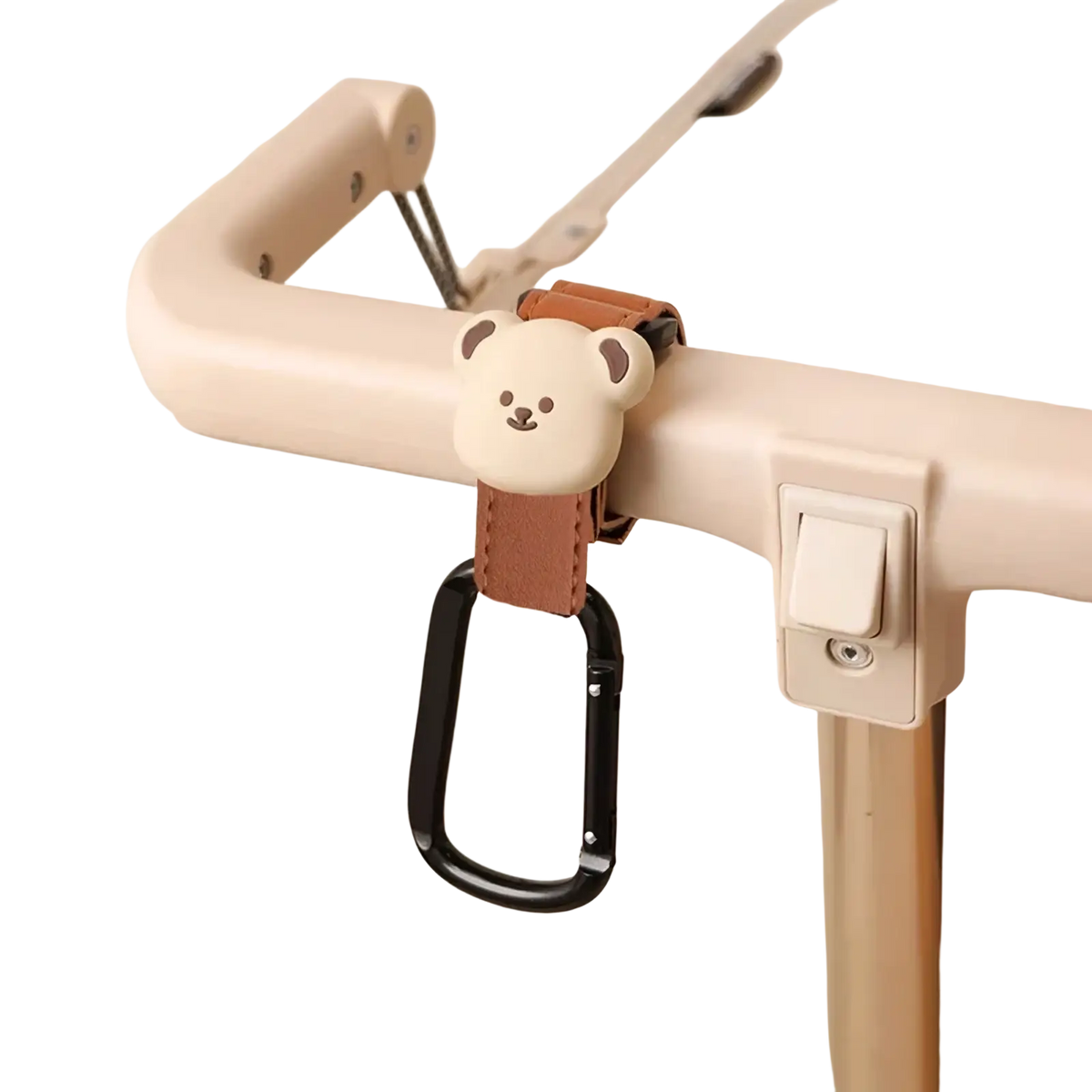 Cute beige bear-shaped stroller hook with brown pu leather strap and black carabiner for bag hanging