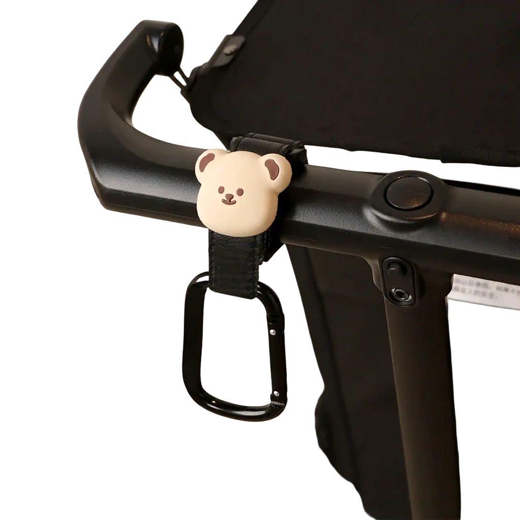 Bear stroller hooks pu leather bag hanger with a cute beige bear-shaped handle attachment and black carabiner strap