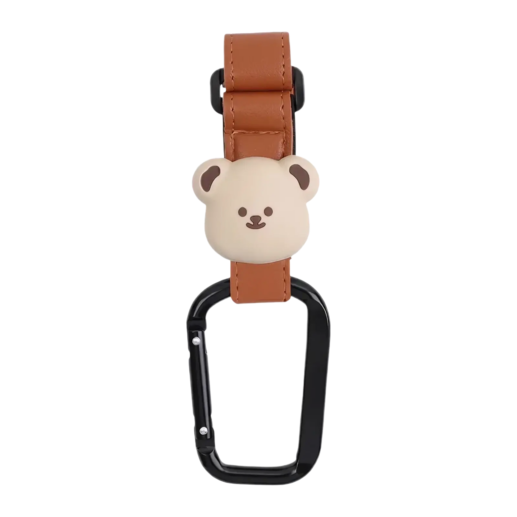 Beige bear-shaped carabiner with brown pu leather strap and black metal clip for bear stroller hooks bag hanger