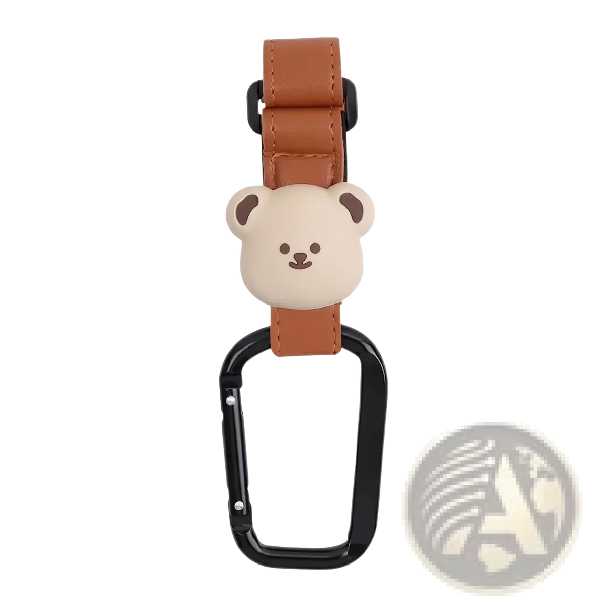 Beige bear-shaped carabiner with brown pu leather strap and black metal clip for bear stroller hooks bag hanger