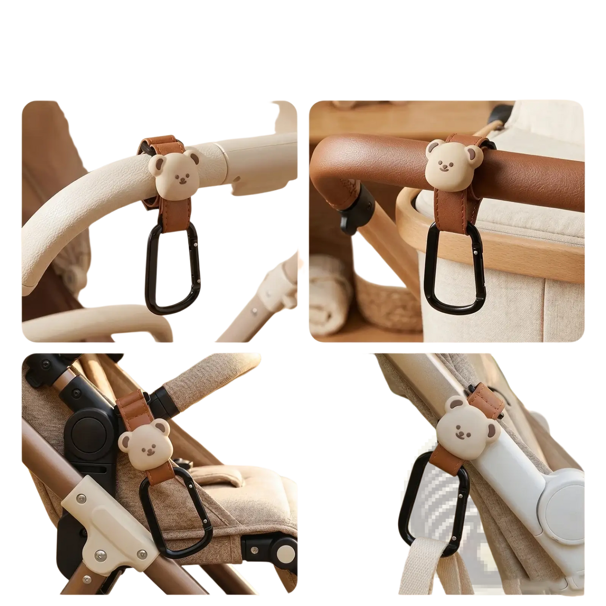 Cute beige bear stroller hook with brown pu leather strap and black carabiner for bag hanging convenience