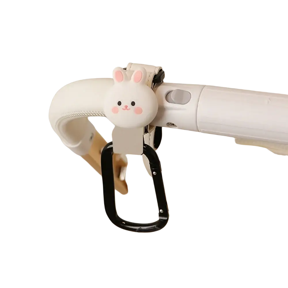 Bear stroller hooks pu leather bag hanger with a cute white bunny charm and black carabiner clip for easy attachment