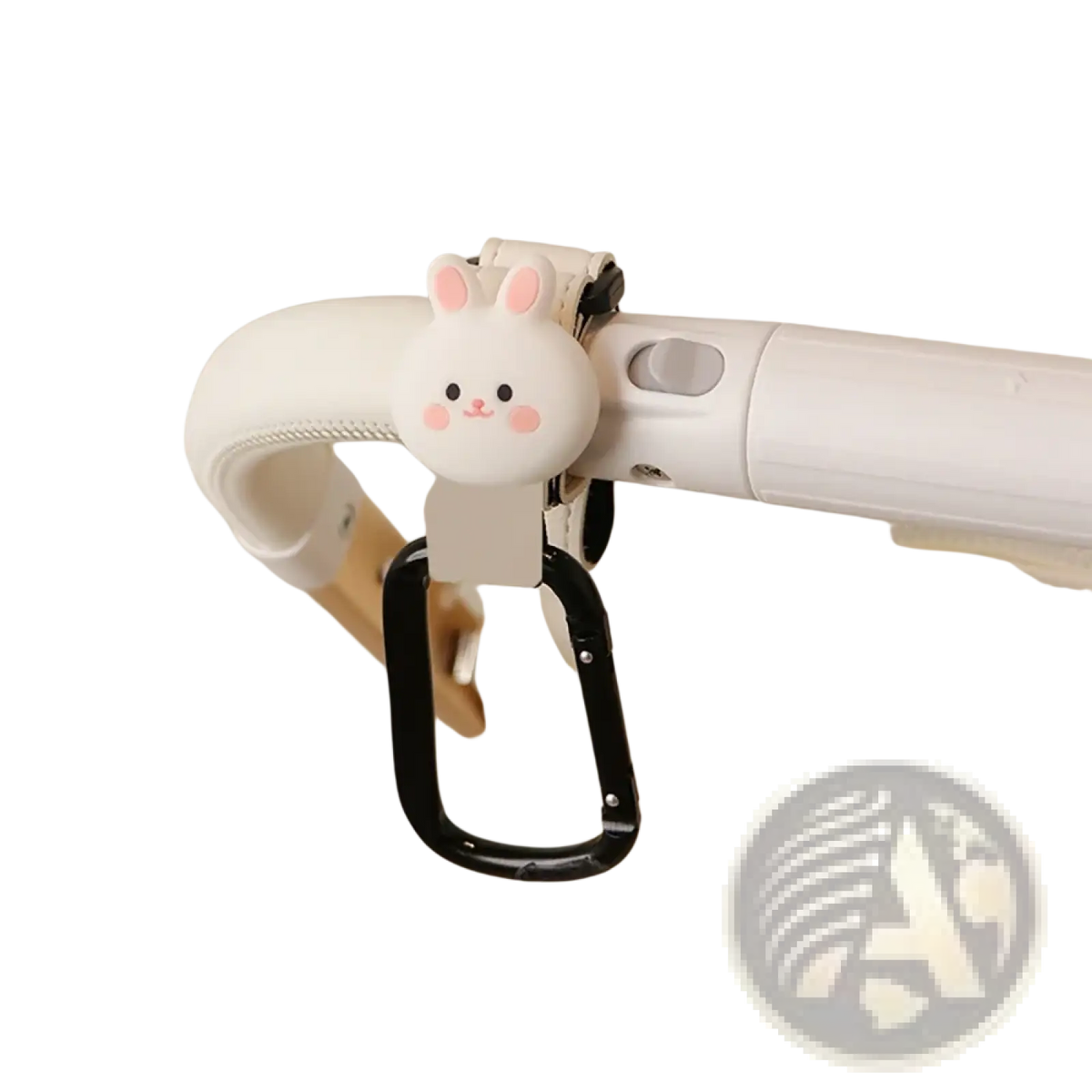 Bear stroller hooks pu leather bag hanger with a cute white bunny charm and black carabiner clip for easy attachment