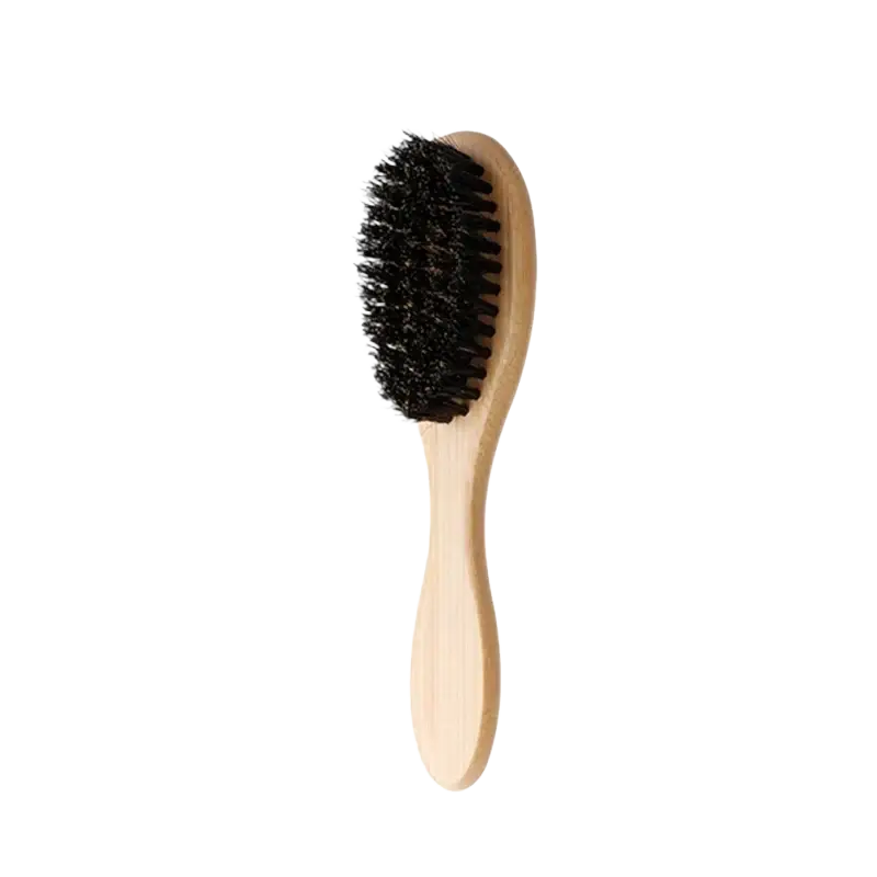 Beard brush with light wood handle and dense black boar bristle for grooming and styling facial hair