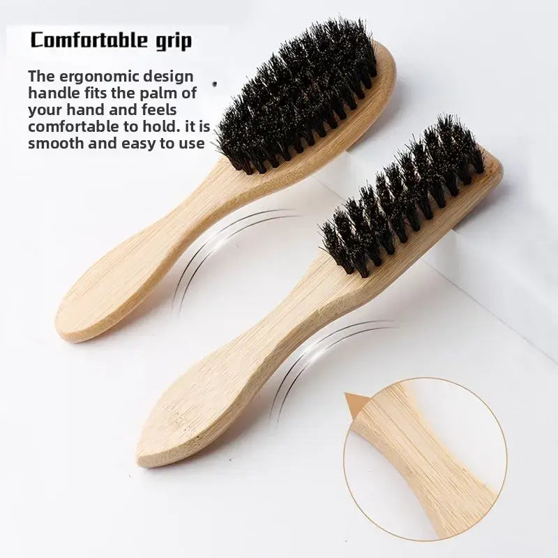 Light-colored wooden beard brush with dense black boar bristle and wood handle grooming tool