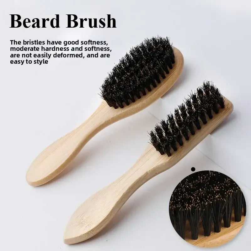 Two black bristled boar bristle beard brushes with light wood handles grooming tools for beard care