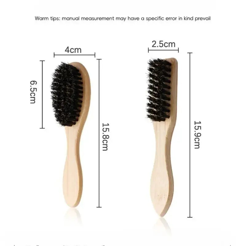 Two wooden-handled beard brushes with black boar bristle for grooming measuring 15.8cm and 15.9cm in length